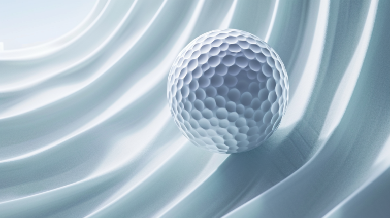 A golf ball soaring through the air, encircled by a symphony of dynamic dimple variations. The image captures the nuanced impact of geometric properties – edge angle, diameter, depth, and distribution pattern – on aerodynamic performance. Each dimple adjustment influences lift, drag, and trajectory, shaping the perfect flight. This visual representation embodies the meticulous experimentation and simulations conducted by golf ball engineers, where subtle changes translate into precise outcomes. The pursuit of the ideal dimple pattern, with every detail considered, reflects the relentless commitment to advancing golf ball technology and performance