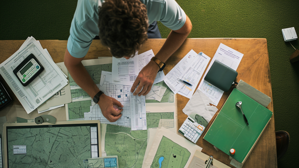 In this striking image, a golfer engrossed in the intricacies of scorecard analysis, surrounded by tools of calculation. The scene captures the dedication and precision required to calculate a handicap index, emphasizing the importance of incorporating course ratings and slope ratings. This image beautifully complements the insightful discussion in the blog about 'Determining Your Handicap Index