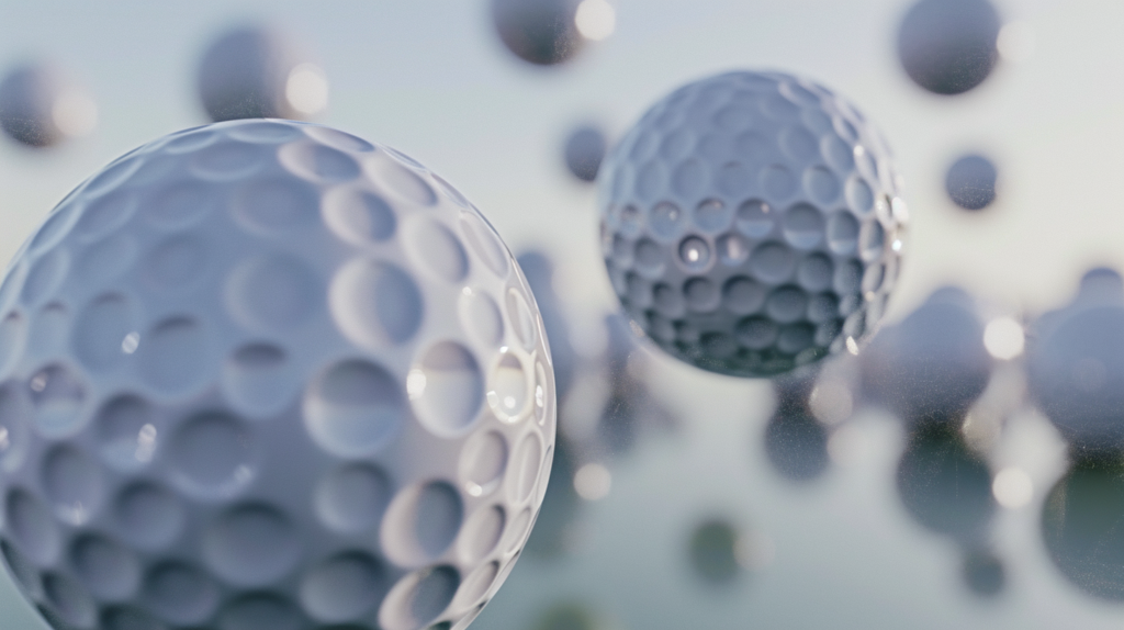 A golf ball suspended mid-flight, adorned with an intricate constellation of dimples, symbolizing the precise engineering behind top brands. Each dimple strategically placed for optimal aerodynamics, the image captures the essence of golf ball perfection. Variations in dimple counts among renowned brands like Titleist, Callaway, and Bridgestone showcased, echoing the meticulous craftsmanship essential for professional-level play