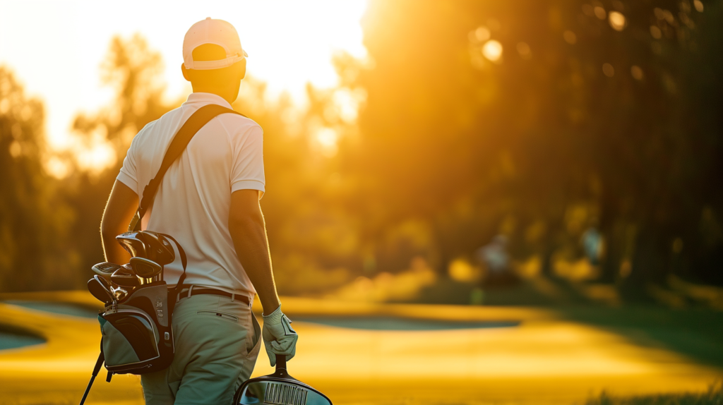 A golfer effortlessly retrieves their driver, putter, and pitching wedge from specially designated pockets in a meticulously organized golf bag. The sunlit course frames the golfer in a moment of fluidity, emphasizing the ease of access to key clubs. This image embodies efficiency and concentration, showcasing the importance of quick and convenient retrieval for a smooth and focused round of golf