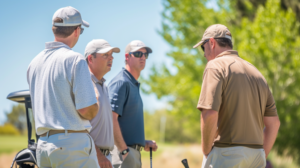 In the heart of a Golf Scramble Tournament, the image portrays a team in animated discussion, surrounded by the beauty of the fairway. Joyful camaraderie permeates the atmosphere as players strategize and celebrate their collective decision-making. The picture captures the essence of teamwork, strategy, and shared enjoyment, making the golf scramble a memorable and fulfilling experience for all