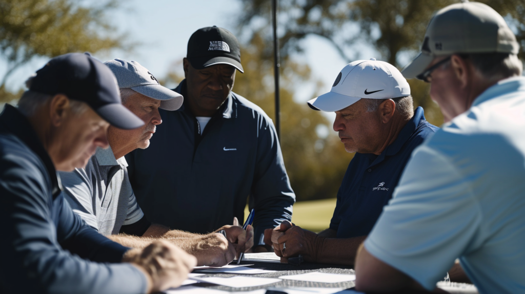 In this captivating image, golfers come together after a round, reviewing scorecards to ensure accurate posting and transparency. The camaraderie among players is evident as they collaborate in maintaining fair and accurate handicap indexes. This image perfectly reflects the community spirit and responsibility highlighted in the blog about 'Maintaining an Accurate Handicap