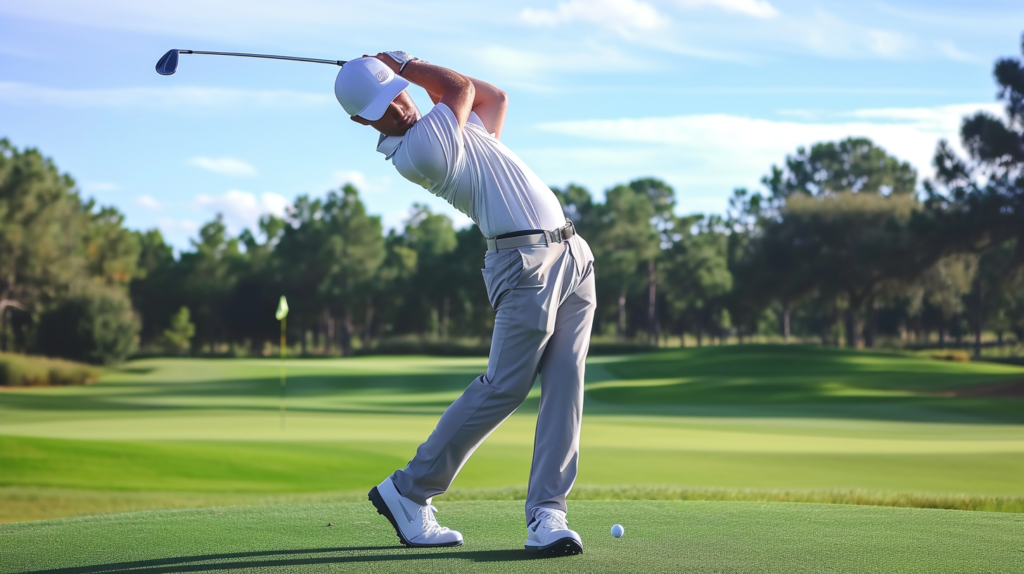 This captivating image encapsulates the golfer's fluid execution of the forward swing sequence. Positioned with knees and hips coiled 45 degrees and shoulders turned 90 degrees, the golfer is fully loaded and prepared for the dynamic transition. The visual highlights the lateral motion of the lead hip, shifting pressure towards the target and creating a harmonious space for the arms and club to swing down from the inside. Maintaining impeccable spine posture and balance, the golfer's coordinated hip and shoulder rotation through the impact zone signifies optimal release timing. Set against the backdrop of a tranquil golf course, this image captures the essence of a rhythmic and efficient forward swing, as discussed in the blog section
