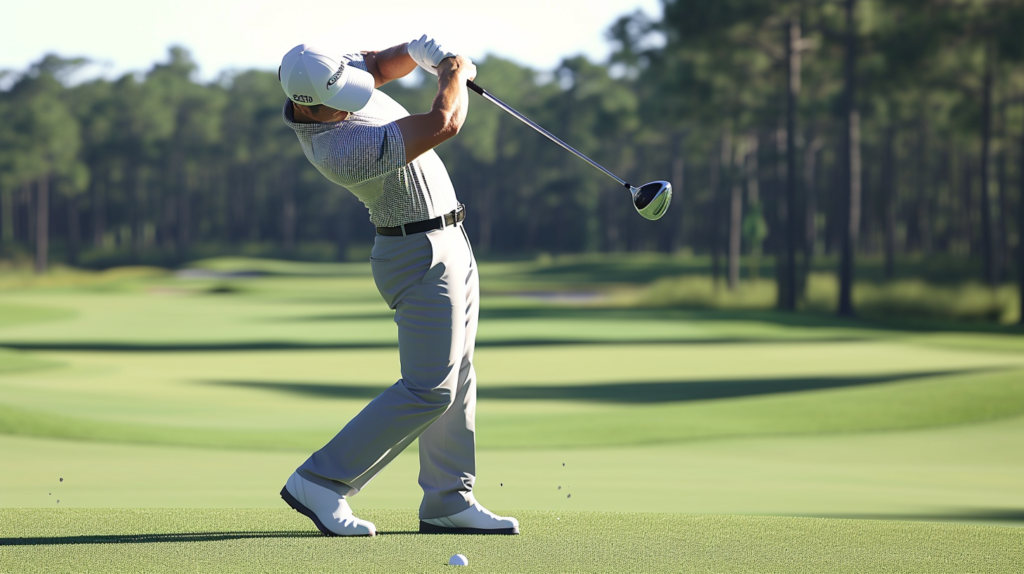 This compelling image encapsulates the golfer's journey into the backswing, showcasing meticulous rotation and posture. The golfer initiates the movement by turning the chest clockwise (for righties), maintaining the spine angle established at setup. Hands and arms gracefully follow the core torso rotation, avoiding premature wrist cock and unnecessary lifting. The visual emphasizes the formation of a triangle between arms and shoulders, defining the ideal swing plane angle. The trail elbow folds while the lead arm remains relatively straight, symbolizing the accumulation of power from hips and core. Set against the tranquil backdrop of a golf course, this image captures the essence of a well-executed backswing, laying the foundation for a powerful and controlled forward swing, as discussed in the blog section