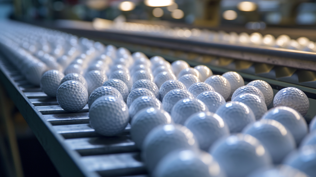 An energetic visual capturing the rapid scale-up of Kirkland golf ball production by SM Global. Factory gears are in full motion, symbolizing the swift transformation of raw materials into finished goods. A conveyor belt weaves through continents, depicting the global logistics involved in delivering hundreds of thousands of units weekly to Costco warehouses. The Kirkland logo acts as a beacon, guiding the journey from factory floors to Costco shelves, reflecting the high-velocity turns that justify the manufacturers' scaling efforts. Quick inventory turnover and large purchase orders create a dynamic flow, allowing suppliers to recoup costs faster, all while maintaining a vigilant eye on budgeting for long-term success. #ProductionScaleUp #CostcoEfficiency