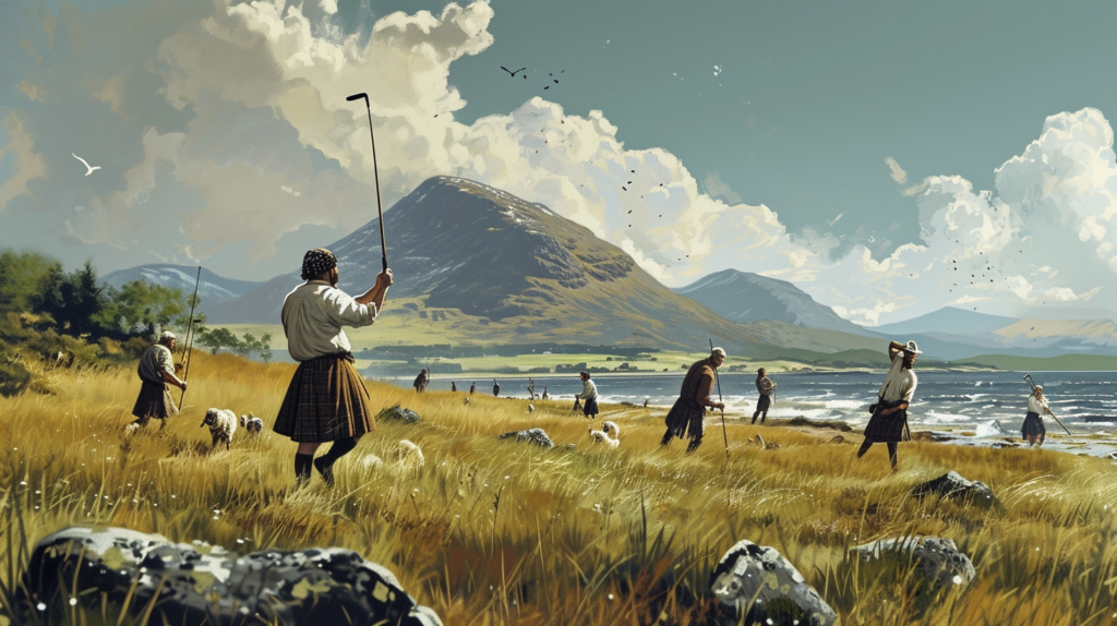 An evocative depiction of golf's evolution in the picturesque linksland areas of Scotland. From humble origins of shepherds using crooks to strike rocks, the game transforms with primitive clubs and handmade balls, creating a harmonious blend with the natural hazards of dunes and rough grasses. The image reflects the inclusive allure of golf, enjoyed by kings, nobles, and commoners alike in Scotland's leisurely landscapes. Subtle nods to history include Scottish monarchs playing golf, even in severe weather, and Mary, Queen of Scots, embracing the sport upon her return in 1561, as evidenced by her attendants' documented payments for new golf equipment. Alternative text: A visual journey through Scotland's linkslands, tracing the evolution of golf from a pastoral pastime to a cherished activity among royalty and high society