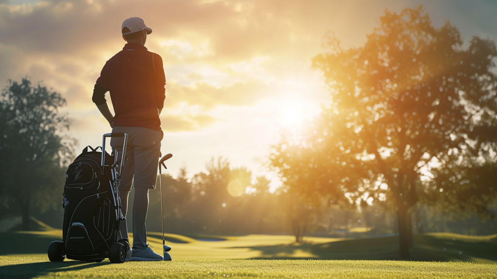 "A golfer stands beside a meticulously organized golf bag, where woods, irons, wedges, and putter are neatly grouped in designated sections. The image portrays a seamless selection process, with the golfer effortlessly reaching for the right club type. The organized layout enhances efficiency, allowing for clear decision-making during a mid-round shot. This visual embodies the benefits of grouping clubs by type for a focused and streamlined golfing experience.