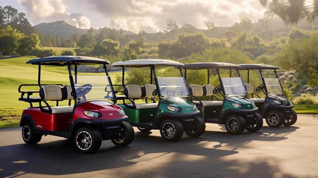A vibrant visual showcasing the spectrum of new golf cart pricing. From sleek gas-powered carts with practical features at $6,000 to top-tier Tournament Edition electric models exceeding $18,000, the image captures the diverse landscape. Golf course backdrops, electric symbols, and luxurious builds convey the range of choices available, allowing buyers to navigate pricing tiers based on their needs and preferences.
