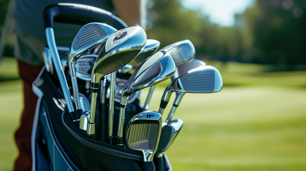 A golfer smoothly pulls their favorite mid irons, wedges, and putter from the top section of a meticulously organized golf bag. The image captures the efficiency of arranging clubs by frequency of use, minimizing reach and hassle during a round. The golfer's focus remains on the game, thanks to the strategic placement of frequently used clubs at the most accessible part of the bag. This visual encapsulates the advantages of a customized organization for quick and seamless club selection