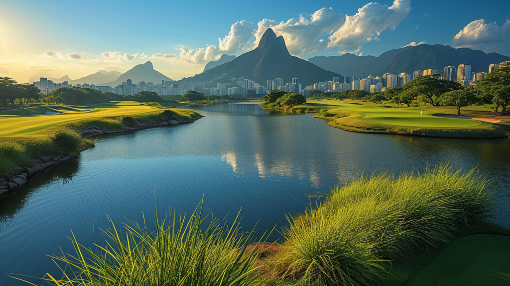 A powerful visual encapsulation of golf's triumphant return to the Olympics in 2016. The image showcases the diverse and elite field of male and female golfers competing in the individual stroke play events at the Rio de Janeiro Summer Olympics. Notable figures like Justin Rose and Inbee Park shine, symbolizing the global appeal and competitive spirit that reinstated golf as an official Olympic sport after more than a century. The backdrop of the iconic Rio landscape adds a touch of international flair to this historic sporting moment