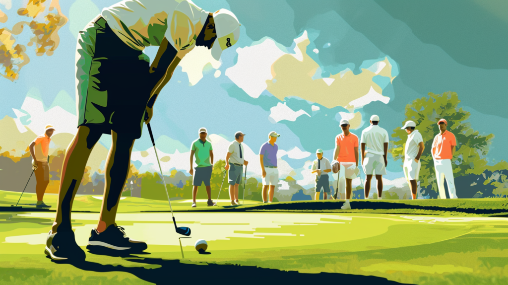 A golfer immersed in the art of score calculation, surrounded by a diverse group of peers gearing up for a round. This image vividly portrays the inclusive nature of golf handicaps, fostering fair play and friendly competition. It beautifully complements the insightful discussion in the blog about 'What is a Golf Handicap?