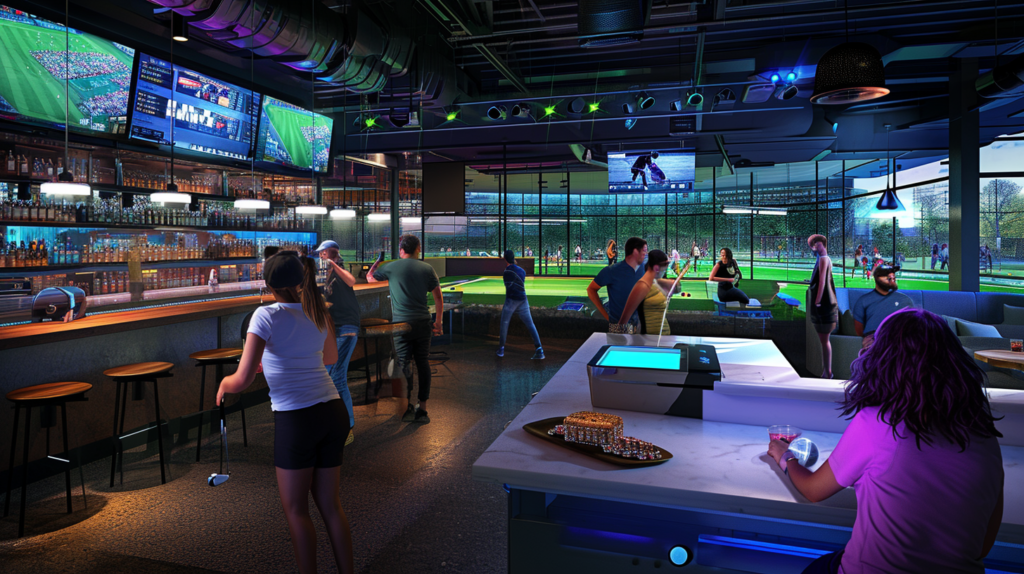 Step into the vibrant world of Topgolf, where a multi-level venue pulses with energy. In this captivating image, friends gather in climate-controlled hitting bays, surrounded by colorful lights, music, and the aroma of delicious food and drinks. Microchipped golf balls streak through the air, as players engage with cutting-edge technology to track accuracy and distance. The lively atmosphere reflects the unique blend of high-tech sport and social entertainment that defines Topgolf. Alternative text: A lively scene at Topgolf with friends enjoying the high-tech golf experience, surrounded by vibrant lights, music, and the excitement of hitting microchipped golf balls