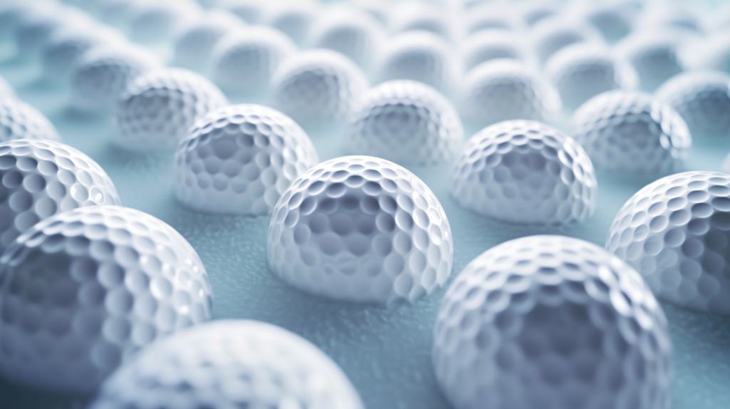 A golf ball soaring through the air, encircled by a symphony of dynamic dimple variations. The image captures the nuanced impact of geometric properties – edge angle, diameter, depth, and distribution pattern – on aerodynamic performance. Each dimple adjustment influences lift, drag, and trajectory, shaping the perfect flight. This visual representation embodies the meticulous experimentation and simulations conducted by golf ball engineers, where subtle changes translate into precise outcomes. The pursuit of the ideal dimple pattern, with every detail considered, reflects the relentless commitment to advancing golf ball technology and performance