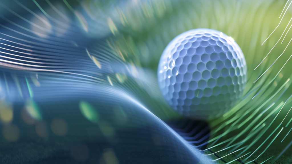 A golf ball soaring through the air, encircled by a symphony of dynamic dimple variations. The image captures the nuanced impact of geometric properties – edge angle, diameter, depth, and distribution pattern – on aerodynamic performance. Each dimple adjustment influences lift, drag, and trajectory, shaping the perfect flight. This visual representation embodies the meticulous experimentation and simulations conducted by golf ball engineers, where subtle changes translate into precise outcomes. The pursuit of the ideal dimple pattern, with every detail considered, reflects the relentless commitment to advancing golf ball technology and performance