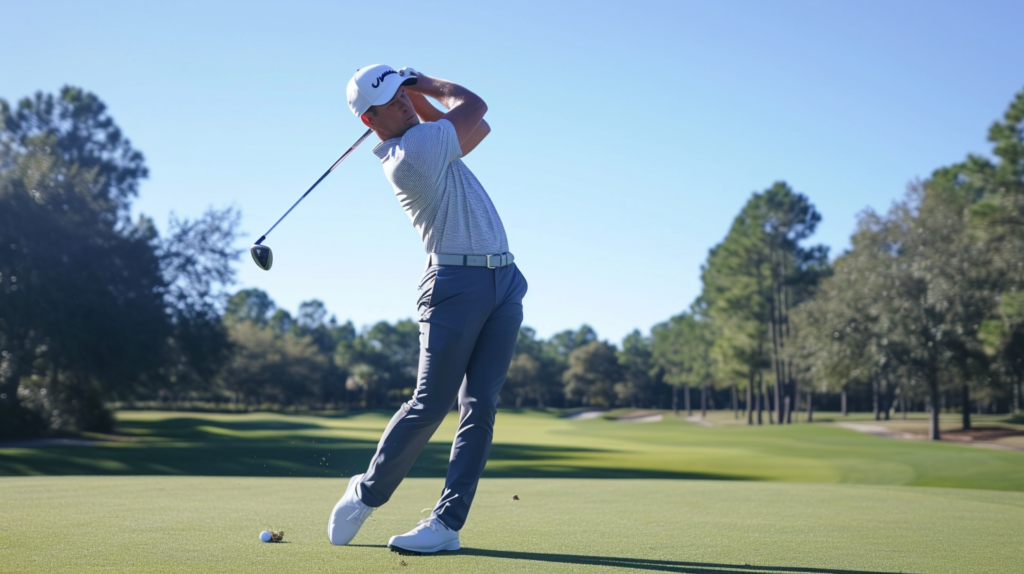 A golfer in the backswing, embodying the essentials for a draw shot. The image showcases the golfer maintaining a precise spine angle, establishing a wrist hinge, and allowing the hips to turn away for optimal torque. Attention is drawn to the initiation of the takeaway, highlighting the wrist hinge and spine tilt away from the ball. The golfer avoids early extension or posture loss, ensuring a solid foundation for the upcoming downswing. The visual guide emphasizes maintaining backswing width, preventing arm collapse or an overly inside swing. A full shoulder turn and a minimum 45-degree hip opening contribute to the vital 'coiling' effect, building torque for a powerful downswing. The clubface remains square or slightly closed, as the focus shifts to grip, posture, arm width, and hip turn. This image encapsulates the intricacies of a proper backswing for executing a precise draw in golf.