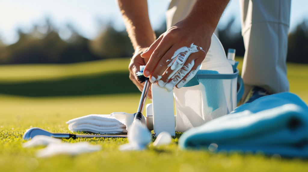 In the quietude of a pristine golf course, a golfer's hands deftly gather essential supplies for the upcoming golf club cleaning. Mild dish soap, a toothbrush, soft cloths, and a can of compressed air lay in organized harmony, reflecting the commitment to meticulous care. This image captures the serene moment before the golf club cleaning process begins, highlighting the significance of proper preparation for optimal club performance and care