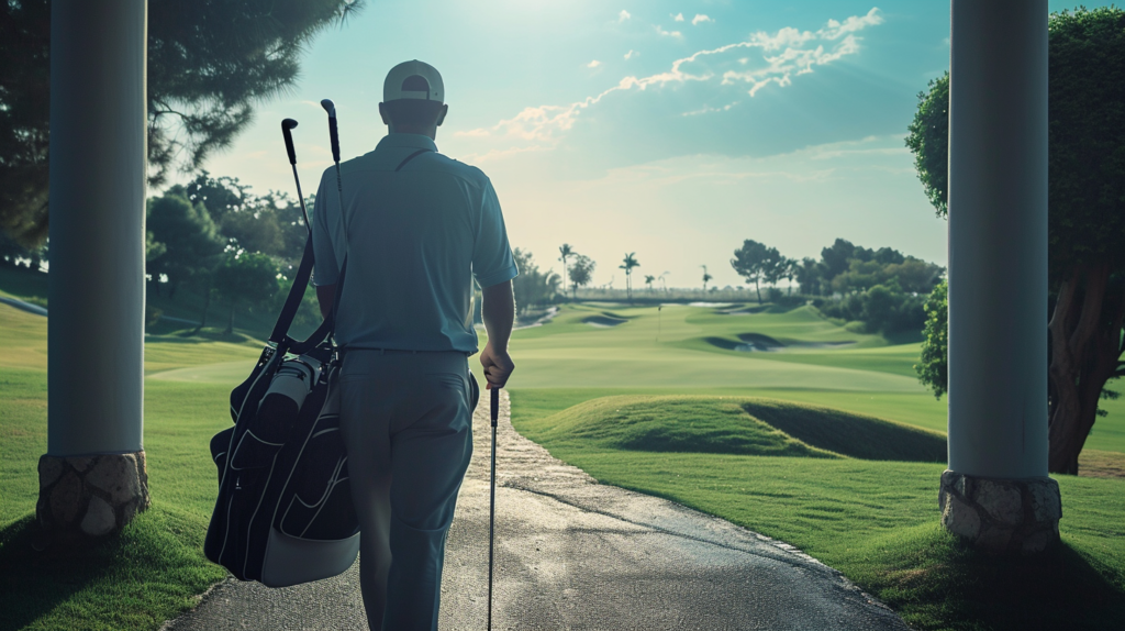Image description: A golfer standing at the entrance of a golf club, holding a bag of clubs and looking towards a scenic golf course. The journey symbolizes the golfer's initiation into the world of certified handicaps, with the golf club representing the gateway to official USGA recognition. The image captures the essence of the blog, highlighting the process of joining a licensed club, submitting scores, and embarking on a golfing journey toward a certified and dynamic Handicap Index