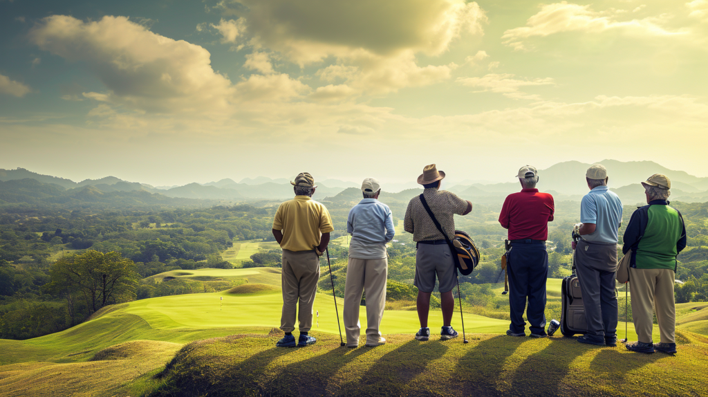 Image description: A group of golfers at different stages of their golfing journey standing on a hill overlooking a scenic golf course. Each golfer represents a category within the USGA handicap system, from beginners in Category 1 to elite players in Category 5. The diverse group reflects the spectrum of skills and experiences outlined in the blog, showcasing the range of competencies and aspirations within each handicap category