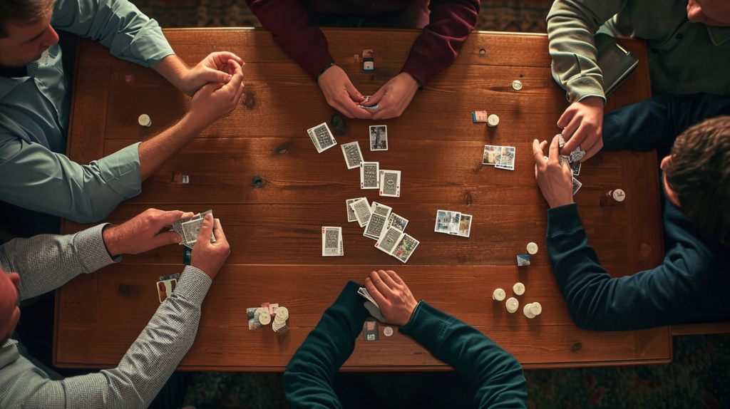 A tabletop scene illustrating the setup of a golf card game. A player shuffles cards, dealing seven to each participant. The draw pile and discard pile are established, with a face-up card signaling the beginning of the discard pile. This setup not only signifies the commencement of the game but also hints at the strategic decisions players will make throughout the rounds.