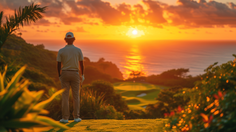 A golfer confidently swings a club on a lush course, surrounded by the contrasting elements of changing seasons. The image captures the essence of peak golf season between May and September, showcasing the vibrant energy of increased activity despite the challenges of summer weather – from the threat of thunderstorms to sweltering heat. In contrast, a serene scene unfolds on an off-season course, where a golfer enjoys the crisp air of a 50-degree fall afternoon. The image symbolizes the trade-offs between peak and off-season play, emphasizing the impact of weather on the ebb and flow of golf participation levels throughout the year.