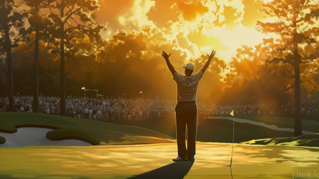 A victorious golfer celebrates with arms raised after sinking a crucial eagle putt on a picturesque par-5 hole. The elated crowd, visible in the background, mirrors the exhilaration of witnessing this rare feat. The image encapsulates the significance of eagles in professional golf, where players showcase their extraordinary skill by navigating the course strategically. The cheers, fist pumps, and jubilant atmosphere exemplify the momentous impact of an eagle, not only on the scorecard but also on the emotional landscape of the game.