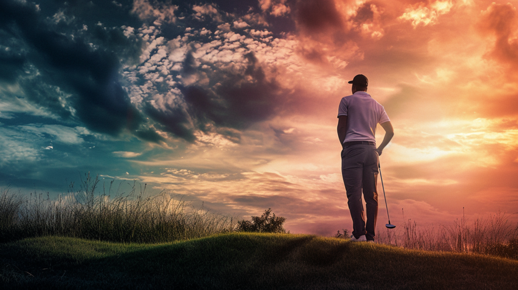 A determined golfer assesses the challenging tee shot, contemplating the complexities of the golf course. The image portrays the mental and physical challenges golfers face, highlighting the difficulty of obtaining birdies amid unpredictable terrain and strategic decision-making