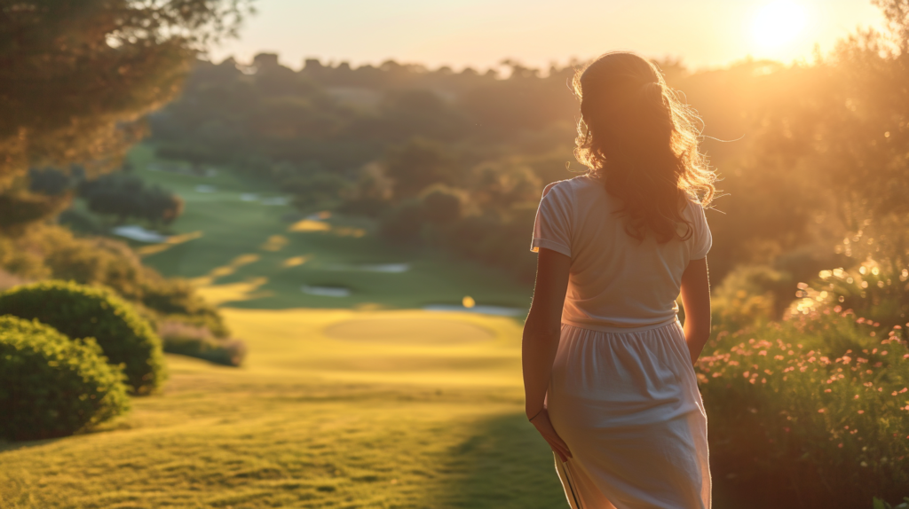 A radiant pregnant woman embraces the benefits of golfing, strolling along the sun-drenched fairway with a golf club in hand. The image encapsulates the low-impact cardiovascular exercise, stress-relief, and mental health boost that golf offers during pregnancy. The serene surroundings reflect the holistic advantages, reinforcing the positive impact of this leisurely pursuit on the journey to maternal well-being