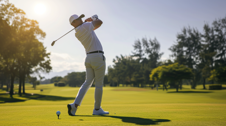 A golfer, bathed in the golden light of the course, stands with meticulous setup, ready to unleash a perfect swing. The alignment is flawless, posture balanced, and focus unwavering. This image captures the pivotal moment discussed in the blog on 'How To Hit A Golf Ball Straight.' As the club connects with the ball, the anticipation of a precise strike echoes the journey outlined in the guide, promising beginners the mastery of straight, controlled shots.