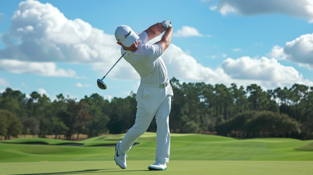 In this captivating image, a golfer navigates the intricate dance of a golf swing, each phase meticulously captured. The backswing unfolds with a balanced turn, shoulders gracefully rotating, and the club following a precise swing plane. Transitioning seamlessly, weight shifts forward, core and leg muscles initiating the downswing's powerful momentum
