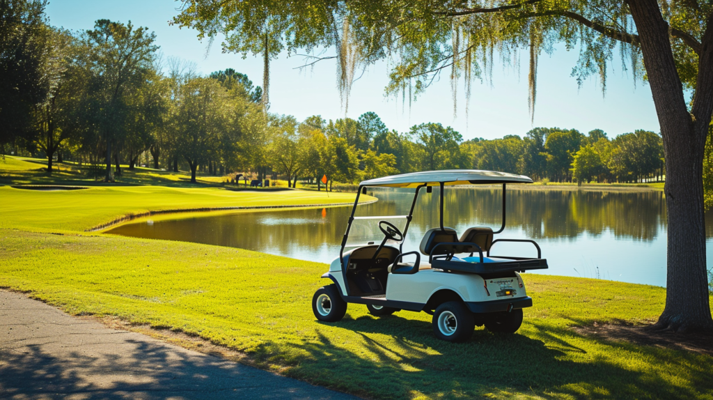 A charming scene depicting a golf cart gracefully traversing a network of private pathways, symbolizing the legal zones explored in the blog. The image showcases traditional golf cart use on private property, such as resorts, airports, and planned golf communities. Dedicated cart lanes seamlessly integrate into the property infrastructure, connecting various facilities like restaurants, hotels, and parks. This visual emphasizes the safety and convenience of clearly marked trails, highlighting how these areas prioritize localized trips at reduced speeds, offering a serene alternative to busy vehicular flow