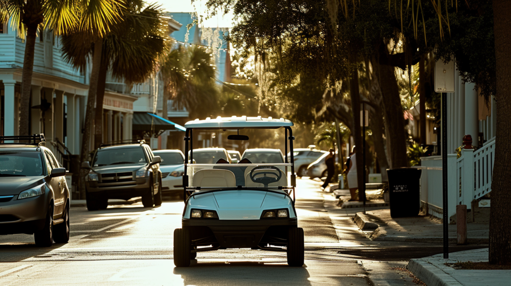 An impactful visual depicting the safety challenges faced by factory golf cart models attempting to navigate public roads, as explored in the blog. The image showcases the vulnerability of golf carts amidst faster-moving cars, emphasizing their lack of safety restraints and the potential for crashes or rollovers. Slow acceleration and low visibility further contribute to the risks, making it challenging for golf carts to avoid collisions. This visual representation underscores the logic behind legal restrictions, emphasizing the need to prohibit golf carts from mingling with typical vehicular traffic on roads with speed limits exceeding 30 or 35 mph. Separate lanes or neighborhood streets with traffic calming measures are presented as sensible alternatives for golf cart access where practical