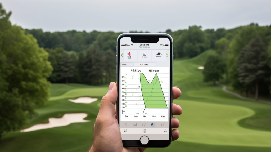 Image featuring a golfer preparing for a round, standing by the tee marker on a golf course with a visible slope rating sign. The golfer, with a scorecard and mobile device displaying a golf app, showcases the practical application of slope ratings in course handicap calculations. The image emphasizes the golfer's engagement with technology, highlighting the ease of incorporating slope ratings into pre-round calculations for equitable scoring across different courses.