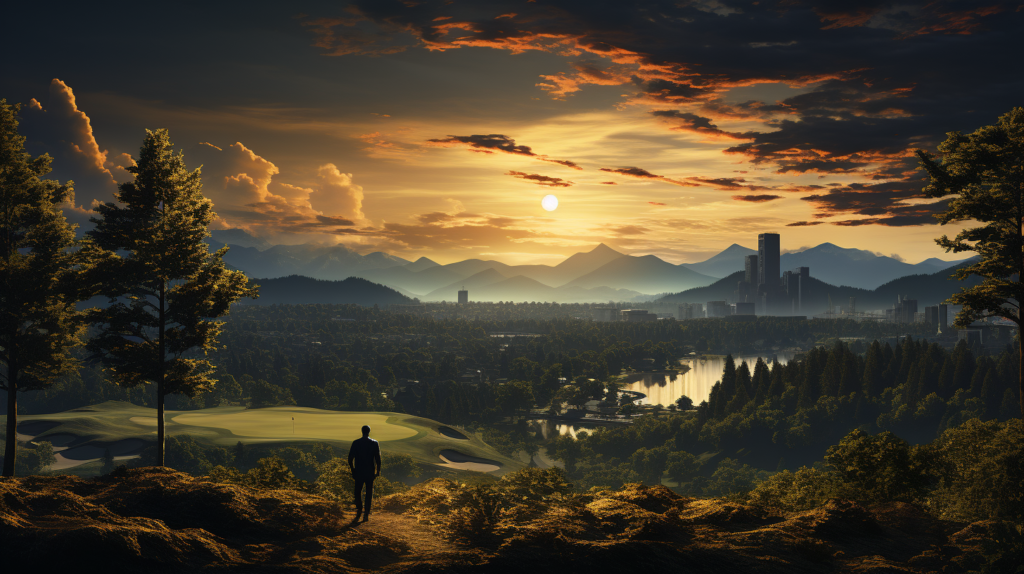An evocative image portraying a golfer in action against the stunning panorama of a golf course, seamlessly integrating metropolitan and natural landscapes. This visual underlines the impact of location on golf lesson prices, illustrating the distinction between upscale urban areas and more accessible public settings. It invites readers to recognize how the choice of venue can significantly influence the cost of golf instruction, prompting a thoughtful consideration of their preferred learning environment.