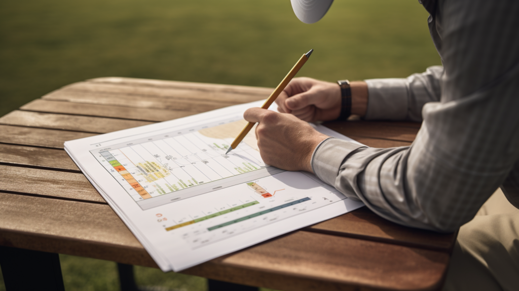 Image featuring a golfer seated on a bench, manually calculating their course handicap with a scorecard and pencil. The golfer's focused expression reflects their commitment to understanding and applying slope ratings for an equitable round. The image emphasizes the golfer's active involvement in the calculation process, highlighting the importance of accuracy and fairness in adjusting handicaps based on slope ratings.