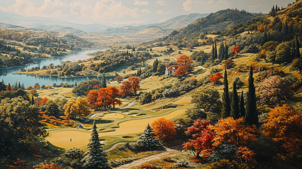 A striking collage showcasing the multitude of golf courses in the United States, totaling an impressive 15,372 as meticulously tracked by the National Golf Foundation throughout 2021. From sprawling resort layouts to quaint municipal public tracks and exclusive private country clubs, the image encapsulates the diverse tapestry of golfing landscapes across all fifty states and the District of Columbia. The alternative text emphasizes the comprehensive data provided by the NGF and underscores the United States' unmatched position, with over fifteen thousand golf courses – a staggering lead over other nations such as Japan, Canada, and Australia