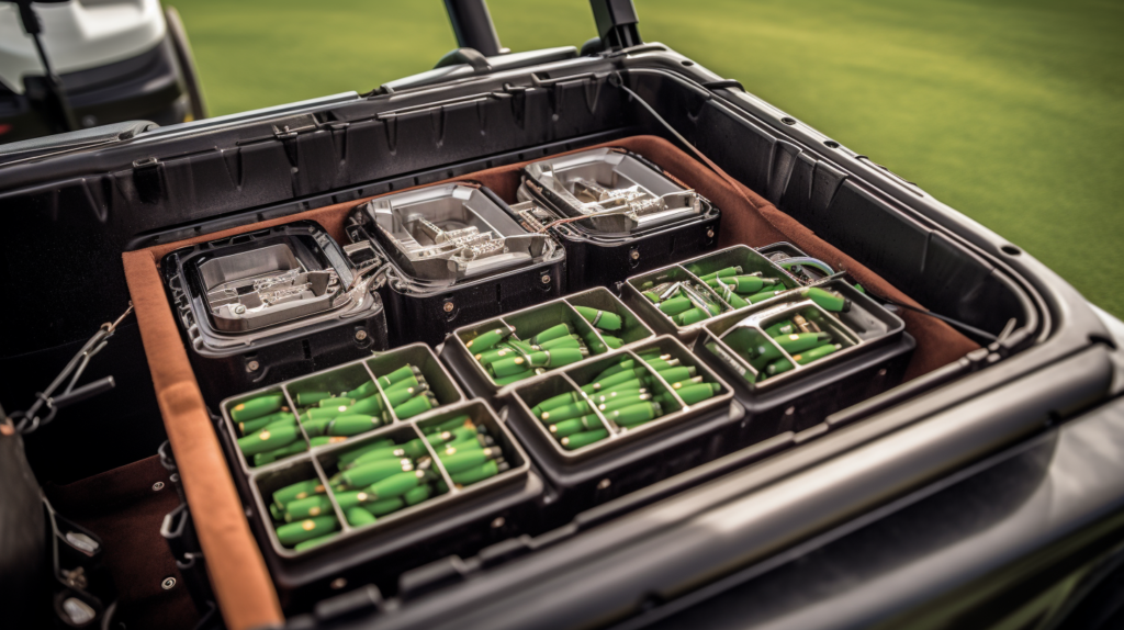 A detailed view of a golf cart's power source - a combination of flooded lead-acid and AGM batteries. The organized array highlights the versatility and reliability of these batteries, offering golfers a robust energy solution for their carts