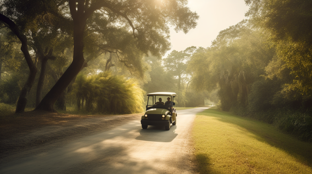 A golfer joyfully navigating the course in a meticulously cared-for golf cart, symbolizing the longevity achievable through proper maintenance of golf cart batteries – 3-5 years of dependable service with the right care.