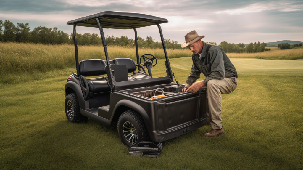 A golfer engaged in meticulous maintenance of a golf cart battery in a well-kept garage, exemplifying the best practice of regular inspection and care. This image emphasizes the importance of proactive measures in maximizing battery lifespan