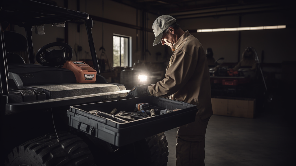 A golf cart owner performing a load test on lead-acid batteries using a battery load tester, demonstrating the proactive approach to gauging battery health and determining replacement timing. This image emphasizes the importance of regular checks for optimal cart performance.