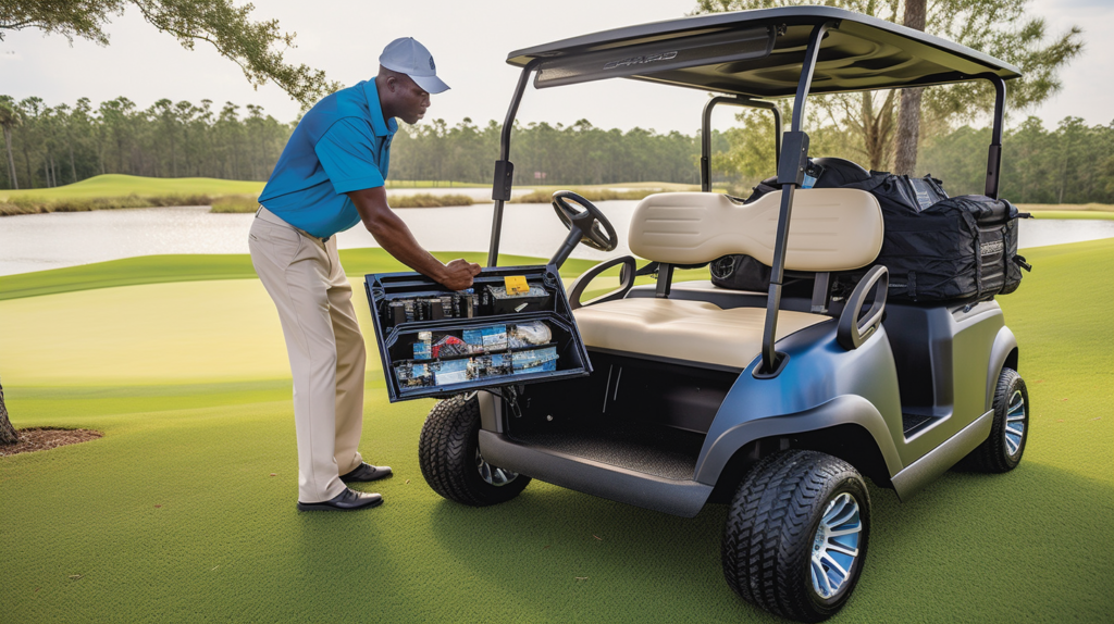 A golfer diligently connecting a charger to a golf cart battery, illustrating the careful charge management that contributes to the longevity of deep-cycle batteries. This attention to detail helps maximize the number of cycles and ensures reliable performance over time