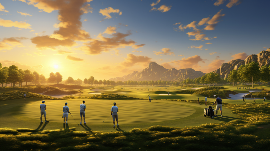 As the sun casts long shadows across the fairway, two teams engage in a crucial moment of a four ball golf match. Golfers huddle together, calculating net scores with a backdrop of scorecards and concentration. The image captures the essence of teamwork as players celebrate a well-executed hole. This visual encapsulates the intensity and strategic depth of four ball scoring, where each decision influences the team's progress, creating an atmosphere of exhilarating competition