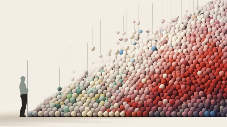 A golfer, frozen in mid-swing, surrounded by a constellation of golf balls in a vibrant array. Each ball symbolizes a distinct performance factor, from distance to spin control. The backdrop features a lush golf course, underscoring the crucial decision-making process for selecting the ideal golf ball in 2024