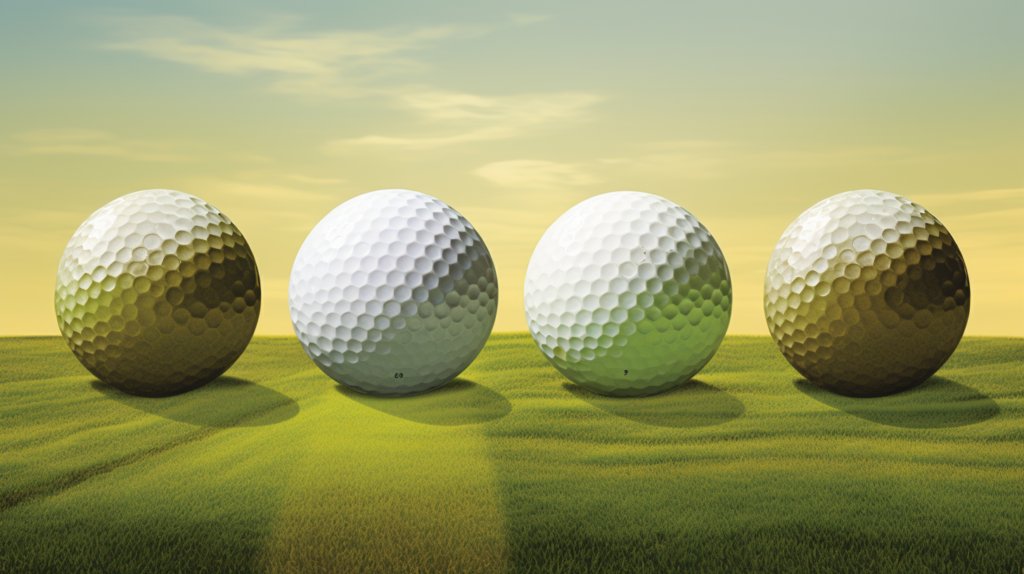 "A golfer stands at a crossroads, surrounded by a diverse array of golf balls hovering in mid-air. Each ball represents a crucial factor in the decision-making process – from skill level and swing speed to softness, distance, and control. In the background, a scenic golf course unfolds, echoing the strategic choices needed to navigate the complexities of selecting the ideal golf ball for peak performance in 2024