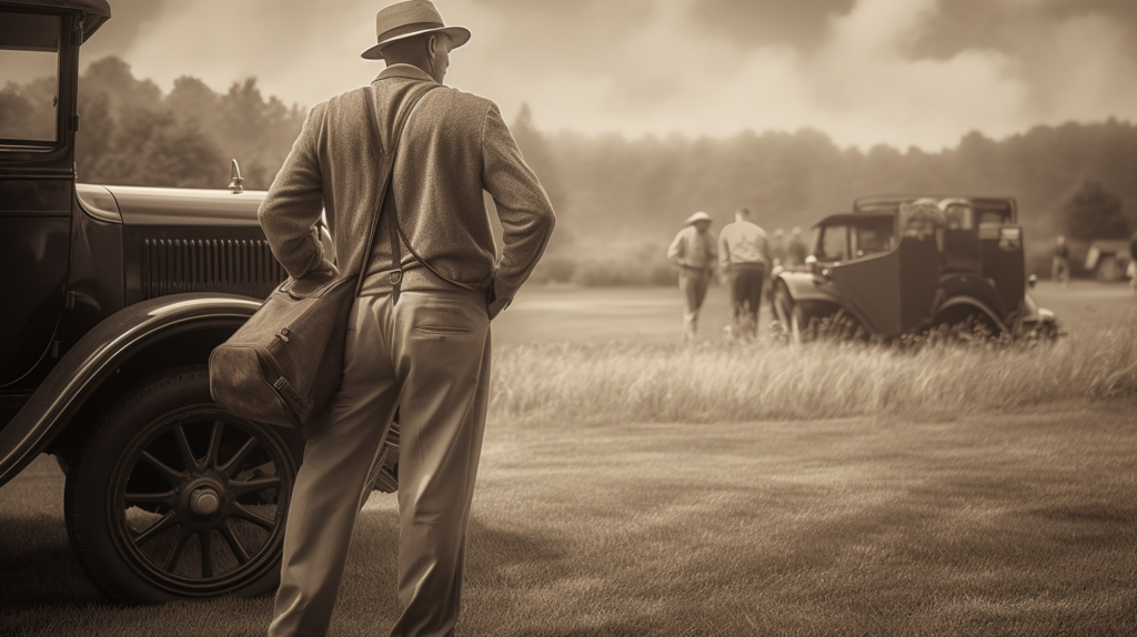 A golfer in 1920s attire stands on a classic golf course, pondering the decision to take a mulligan after a less-than-ideal shot. The sepia-toned image captures the essence of golf's history, reflecting on the uncertain origins of the term "mulligan." The scene invites viewers to step back in time, contemplating the evolution of this golf tradition and its enduring presence in the sport's cultural narrative.