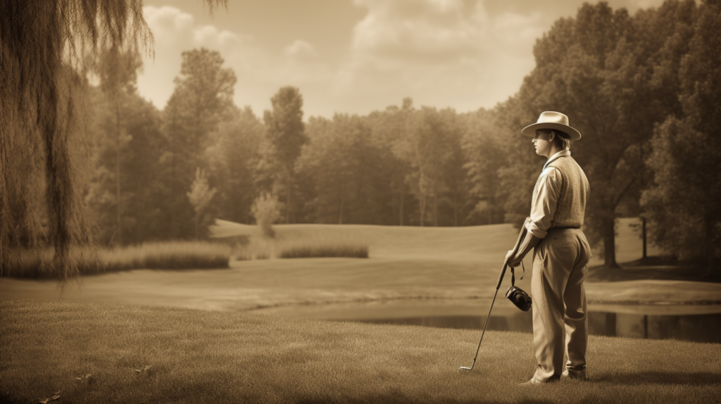 A golfer in 1920s attire stands on a historic golf course, embodying the enigmatic roots of the term "mulligan." The sepia-toned image evokes the spirit of golf's past, with the golfer considering a do-over after a challenging tee shot. The scene invites viewers to delve into the mysteries of the term's origins, portraying the golfer as a symbolic figure in the evolution of golf language. The image encapsulates the allure of history and tradition within the sport, with the origins of "mulligan" remaining a captivating and unresolved tale.