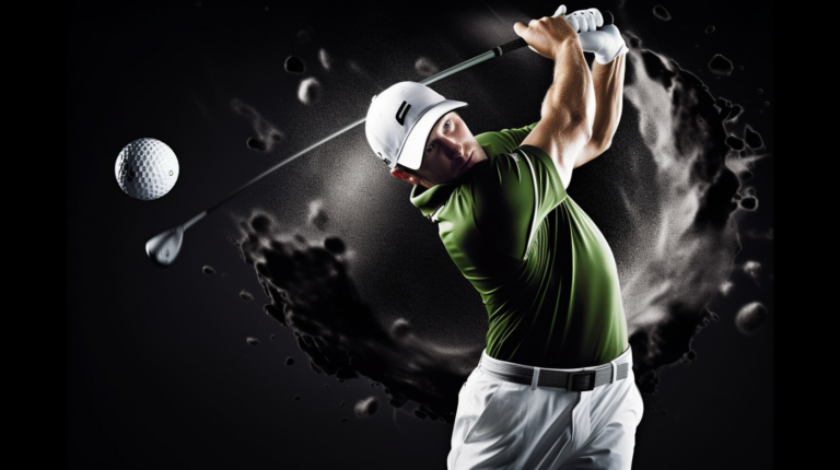 Generate a captivating image that encapsulates the excitement of a powerful golf drive, aligning with the blog section on driving a golf ball 250 yards or more like the pros. The image should showcase a golfer in mid-swing, perfectly capturing the dynamics of a successful drive. Enhance the visual appeal by incorporating elements like a lush fairway and a distant target