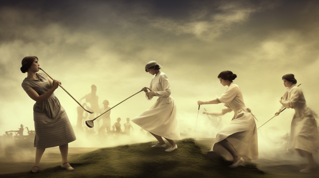 An evocative image encapsulating the power of 'Forbidden' in the GOLF acronym. On one side, a historical depiction showcases formal barriers and signs actively prohibiting ladies from golf, emphasizing the forbidden nature of their participation. On the other side, a contemporary scene features resilient female golfers breaking through these barriers, symbolizing the triumph over historical restrictions. The image captures the journey from a forbidden past to a more inclusive and equitable era in the history of golf
