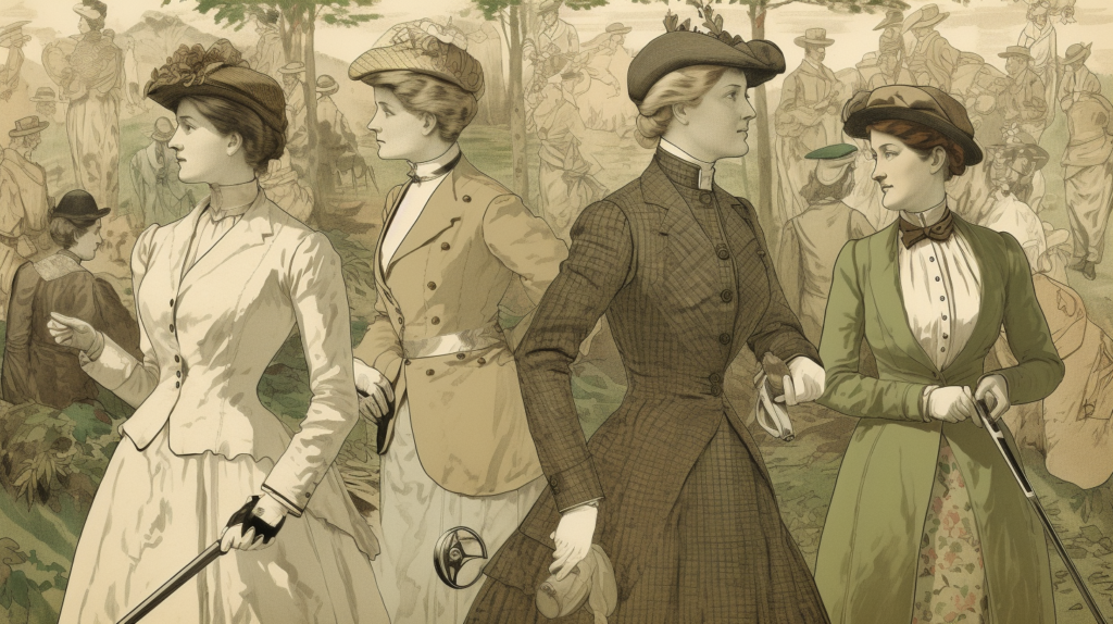 A captivating image capturing the late 19th-century shift as women break barriers in golf. Scenes unfold from historic ladies' golf events at St. Andrews Links and Musselburgh golf course, illustrating changing sociocultural norms. In the center, Margaret Ibbotson or another pioneering female golfer takes the spotlight, symbolizing the trailblazers who reshaped golf culture. The image vividly represents the transformative era when women began participating in golf, challenging the traditional gentlemen-only narrative