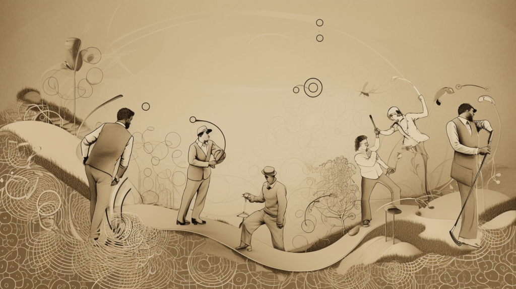 An impactful image capturing the stark declaration of 'Only' in the GOLF acronym. On one side, a scene from the past shows a golf course exclusively occupied by gentlemen, with signs reinforcing the exclusionary nature. On the other side, a modern portrayal features a diverse group of male and female golfers breaking down gender barriers, symbolizing the shift towards inclusivity. The image vividly portrays the evolution from a strictly male domain to a more open and diverse era in golf history