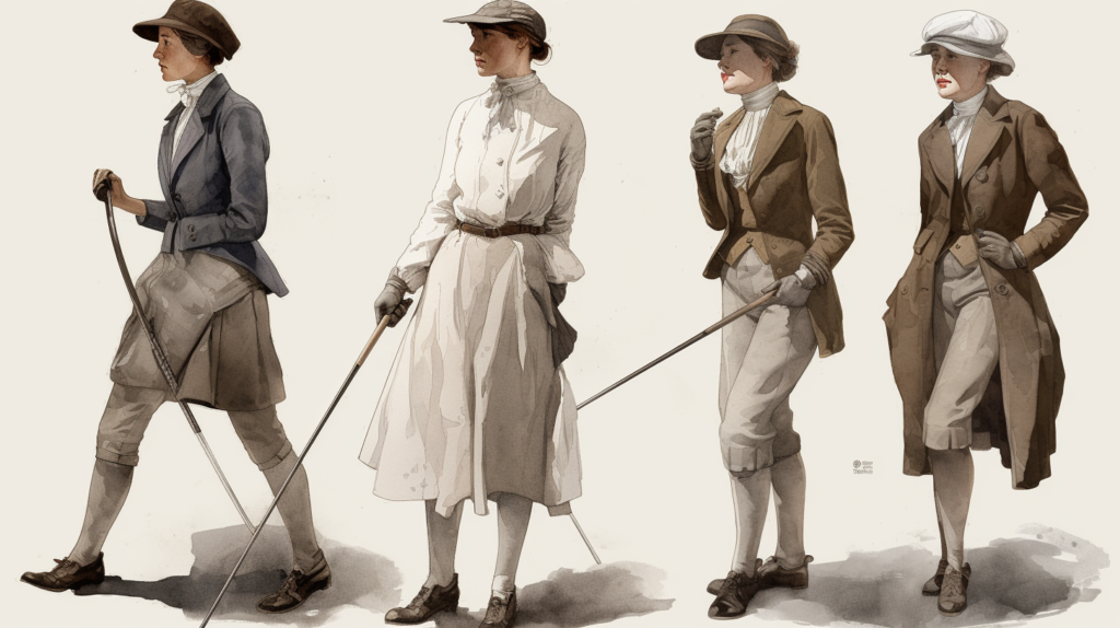 An evocative image capturing the societal norms reflected in 'Gentlemen Only, Ladies Forbidden.' On one side, historical visuals depict the confined roles of women in delicate activities, contrasting with the robust sporting culture dominated by upper-class men. The phrase 'GOLF' takes center stage, embodying discriminatory outlooks on appropriate masculine and feminine pastimes. On the other side, a modern scene celebrates the breaking of gender stereotypes, with men and women joyfully participating together in sports, symbolizing the societal shift towards inclusivity and equality. The image encapsulates the transformation from discriminatory gender norms to a more enlightened and equal perspective in sporting culture